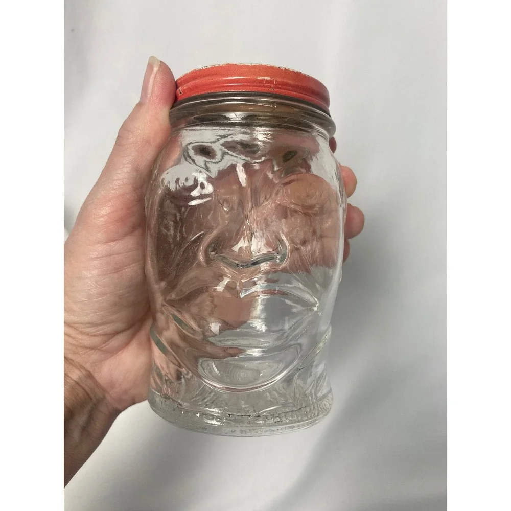 Vintage 1930s Nash Lucky Joe Glass Face Coin Bank Mustard Jar Original Lid